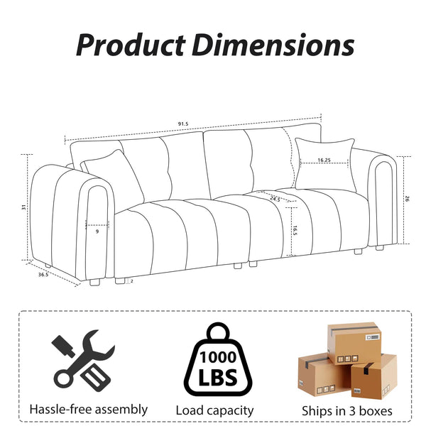 Tufted Boucle Sofa with Rolled Arms - 3-Seat Oversized Loveseat
