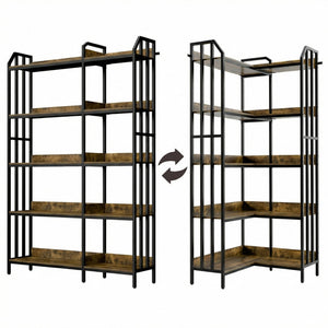 5-Tier Reversible Corner Bookshelf – Industrial Wood & Metal, 70"