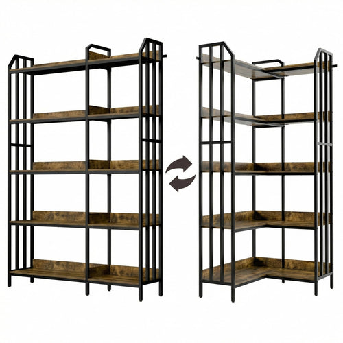 5-Tier Reversible Corner Bookshelf – Industrial Wood & Metal, 70"