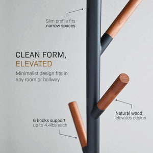 Freestanding Coat Rack with Wooden Hooks – Steel Stand for Entryway