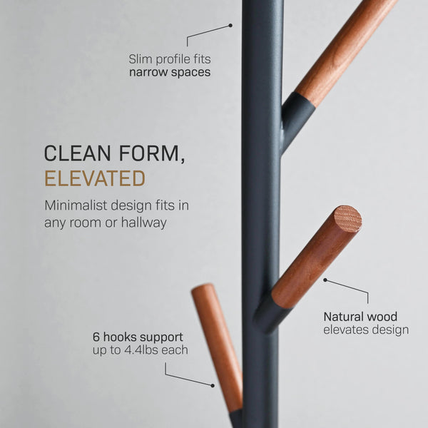 Freestanding Coat Rack with Wooden Hooks – Steel Stand for Entryway