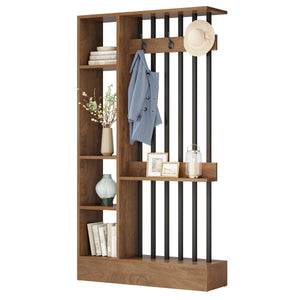 Modern Wood Room Divider with Open Shelves & Coat Hooks – Brown