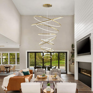 9-Ring LED Pendant Chandelier with Remote Dimming – 55 Inch Multi-Ring Ceiling Light