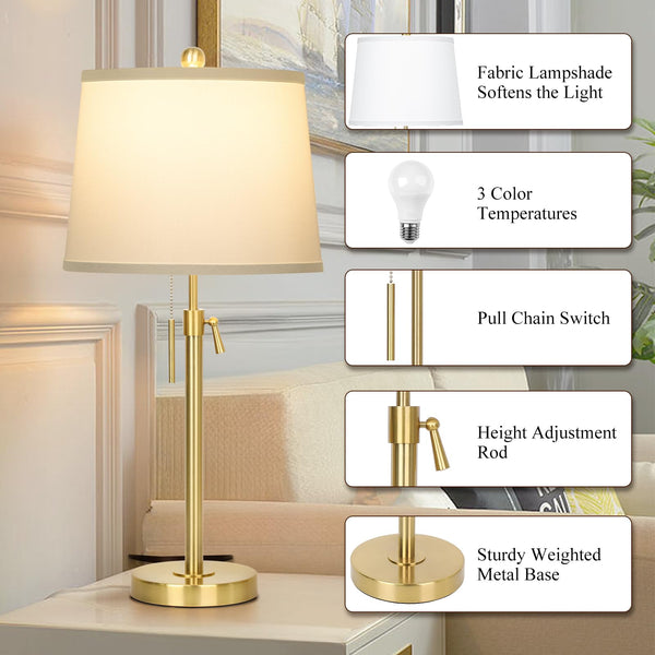 Adjustable Height Table Lamps Set of 2 – Modern Drum Shade with Pull Chain