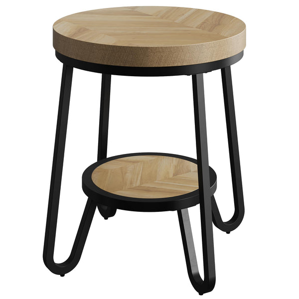 2-Tier Round Side Table with Storage Shelf, 19.7" Wood Tabletop & Curved Metal Legs, Light Brown