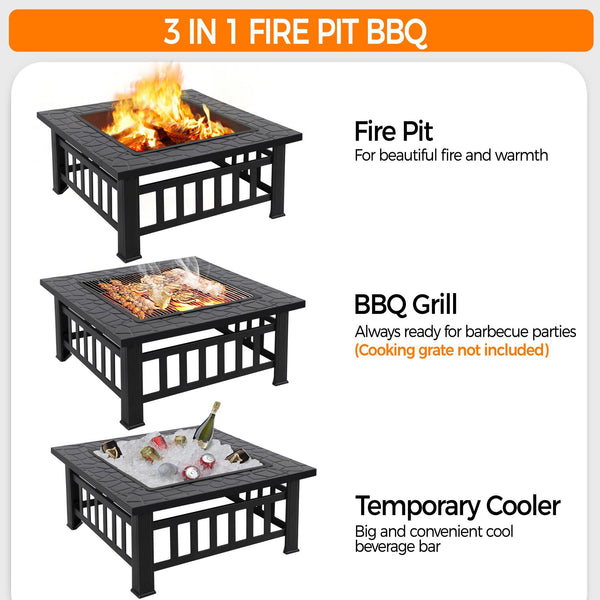 Square Metal Fire Pit 32-Inch Outdoor Wood Burning Firepit