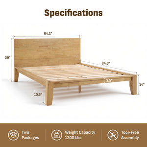 Japandi Solid Wood Platform Bed Frame with Optional Headboard