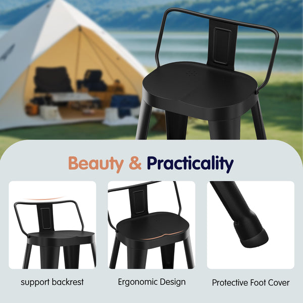 Metal Bar Stools Set of 4 with Back, Indoor Outdoor Counter Height, Matte Black