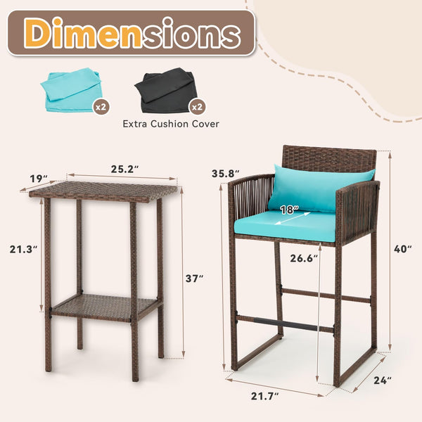3-Piece Outdoor Wicker Bar Set with Counter Table & Barstools