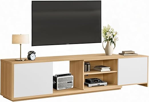 KISLOT Extendable TV Stand for TVs up to 90",Modern Entertainment Center with Adjustable Shelf,Television Stand with 2 Storage Cabinets,Wooden TV Media Console for Living Room Bedroom Black