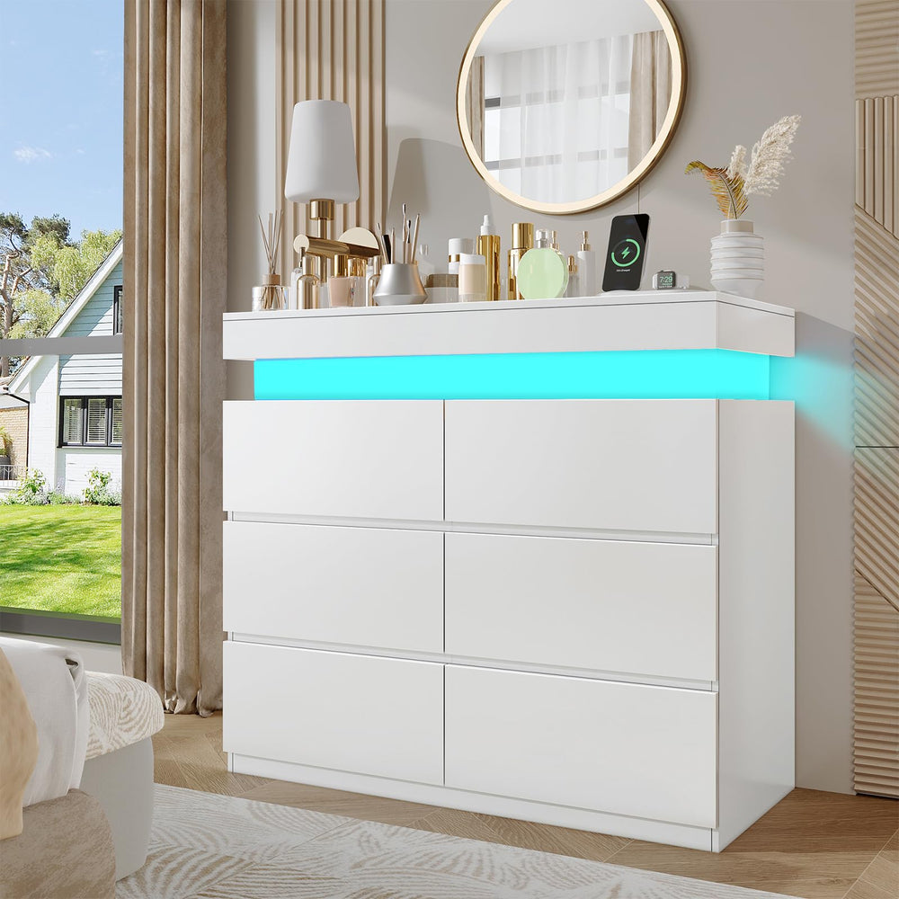 6-Drawer Dresser with Flip-Top Storage, LED Lights & Charging Station
