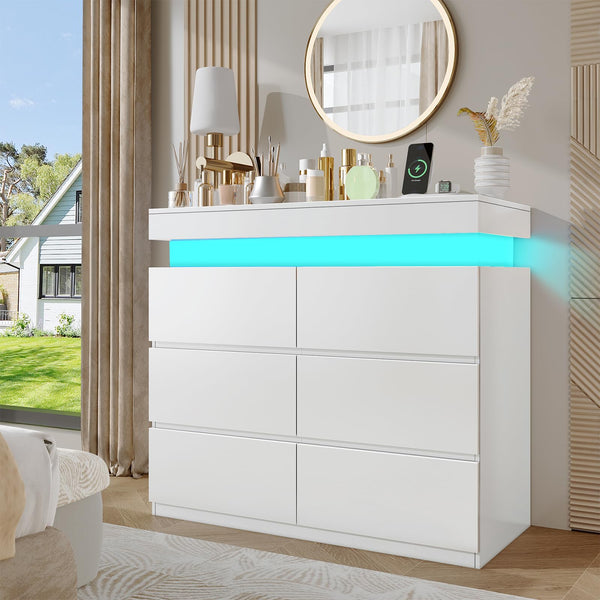 6-Drawer Dresser with Flip-Top Storage, LED Lights & Charging Station