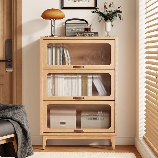 Solid Wood Bookcase with Glass Doors, 3-Shelf