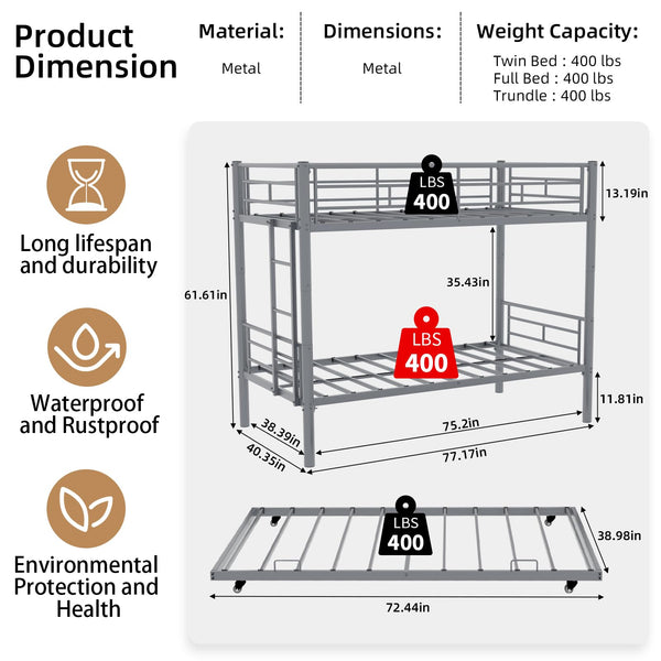 Metal Bunk Bed Twin Over Twin with Safety Guardrail