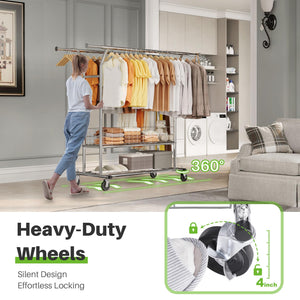 Rolling Garment Rack with Metal Basket & Dual Rod