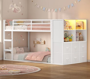 Twin Over Twin Bunk Bed with Storage & LED Lights