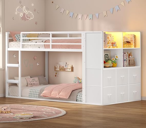 Twin Over Twin Bunk Bed with Storage & LED Lights