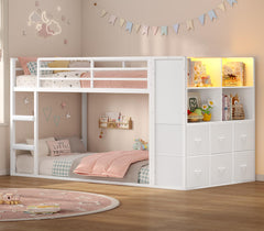 Twin Over Twin Bunk Bed with Storage Drawers & LED Lights