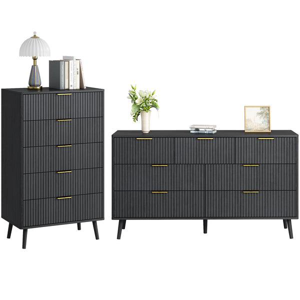 2-Piece Black Fluted Dresser Set with 11 Drawers