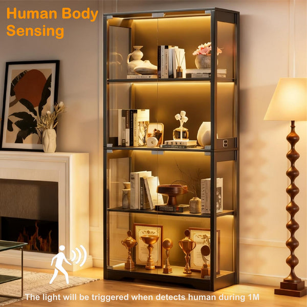 Glass Door Display Cabinet with LED Lights & Motion Sensor