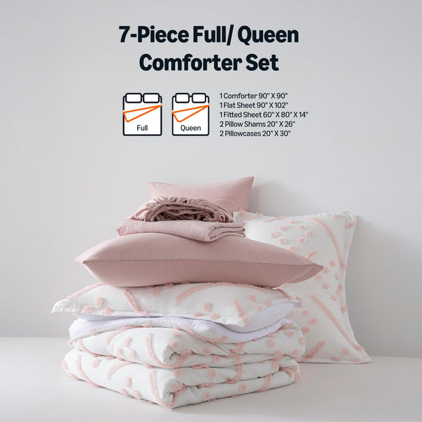 7-Piece Jacquard Microfiber Bedding Set – Pink Tufted, All-Season