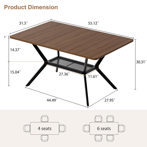 55-Inch Rectangular Dining Table with Storage Shelf and Metal Legs