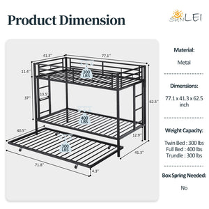 Metal Bunk Bed with Trundle & Safety Guardrails