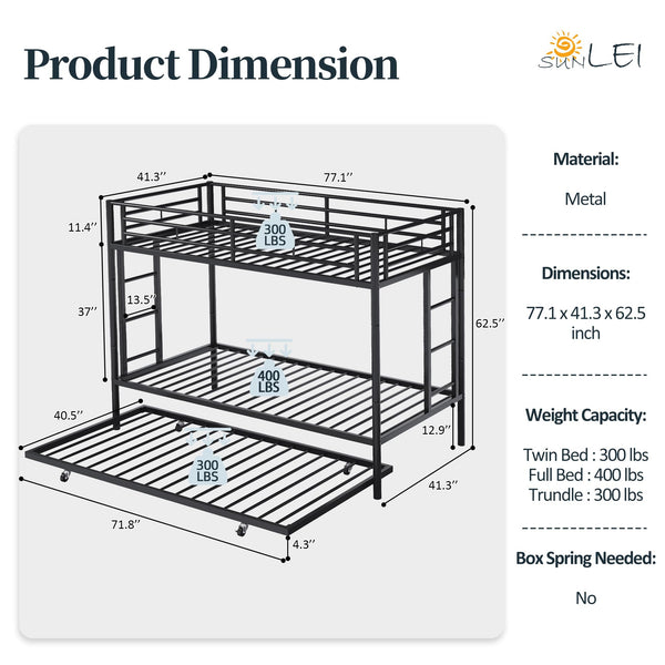 Metal Bunk Bed with Trundle & Safety Guardrails