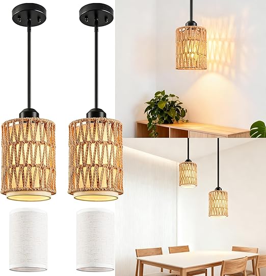 Rattan Boho Pendant Light with Linen Shade & Iron Rods | Adjustable Height