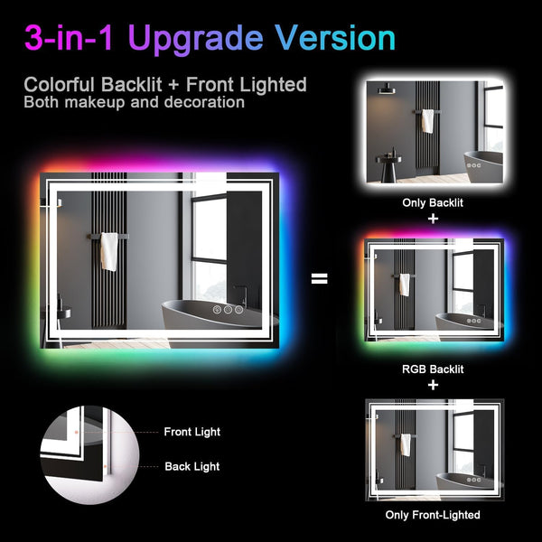 48"x40" LED Bathroom Mirror with RGB Backlit, Anti-Fog & Dimmer