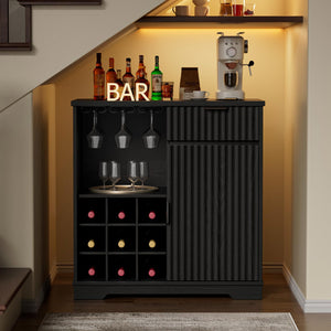 Fluted Coffee Bar Cabinet with Glass Holder & Wine Rack – Black