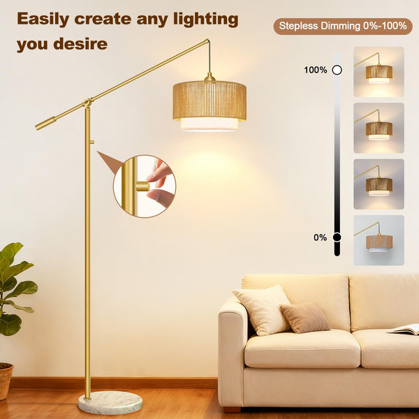 Boho Dimmable Arc Floor Lamp with Rattan & Fabric Shades