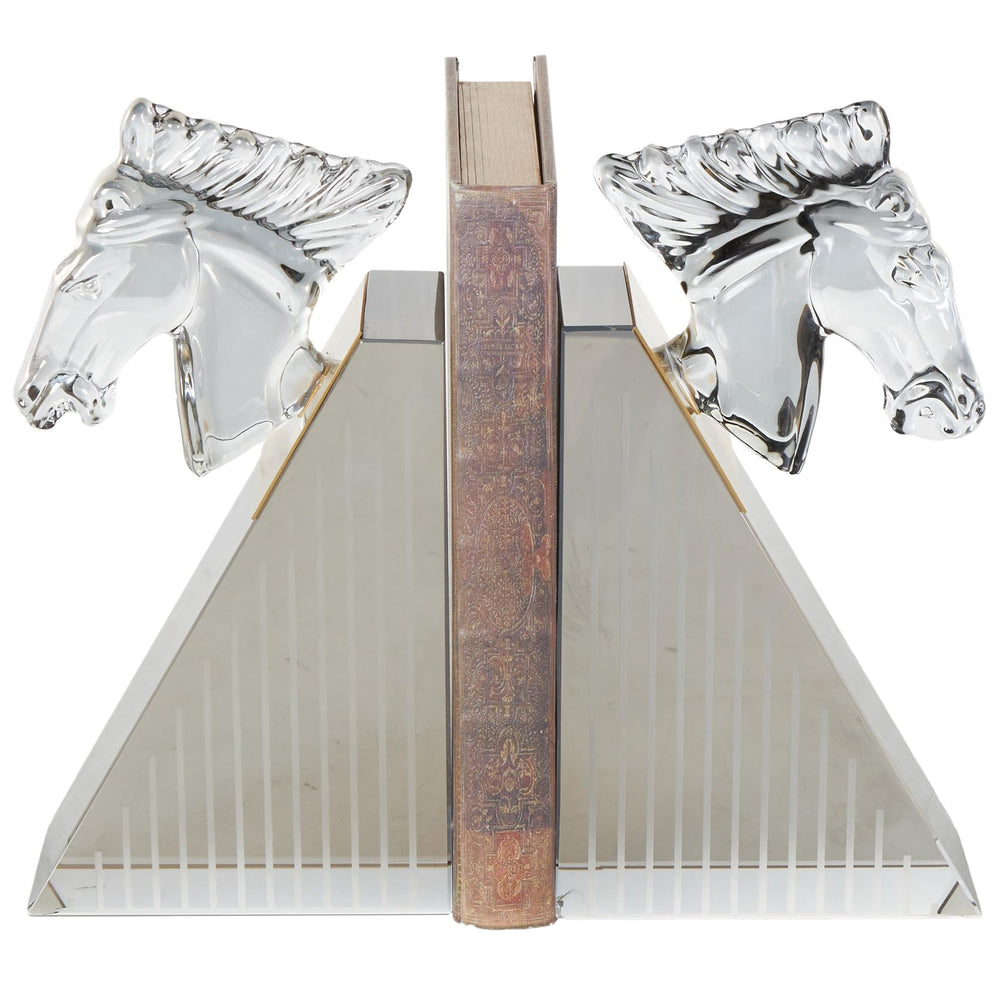 Clear Glass Horse Bookends Set of 2 with Pyramid Base