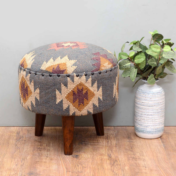 Round Jute Pouf Ottoman with Mango Wood Legs