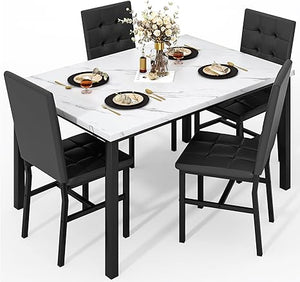 Faux Marble Dining Table Set for 4 with Velvet Chairs