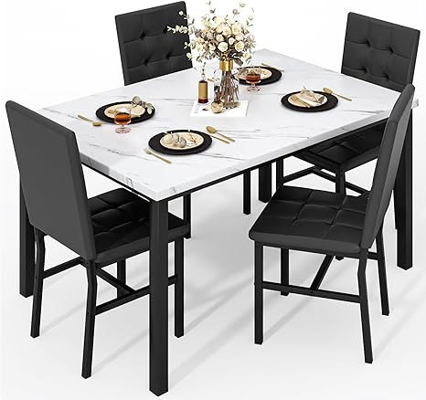 Faux Marble Dining Table Set for 4 with Velvet Chairs
