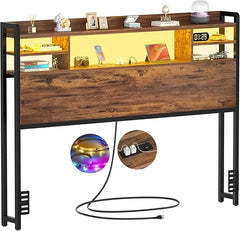 Storage Headboard with LED Light, Power Outlets & USB Ports