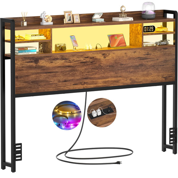 Storage Headboard with LED Light, Power Outlets & USB Ports