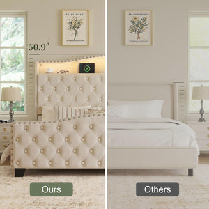 Upholstered Wingback Bed Frame with LED Lights & Storage