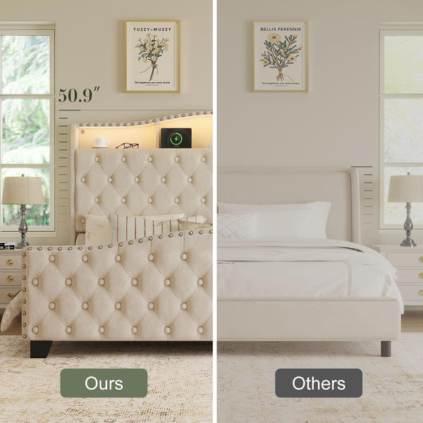 Upholstered Wingback Bed Frame with LED Lights & Storage