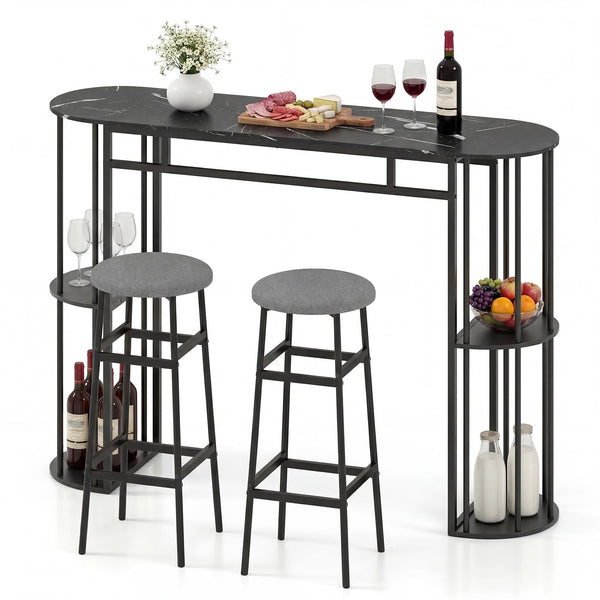 Bar Table Set for 2 with Storage Shelves & Barstools