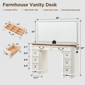 48-Inch Farmhouse Vanity Desk with Lighted Mirror and 8 Drawers