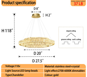 Modern LED Crystal Ring Chandelier — Dimmable, 2-Ring, 3000–6000K