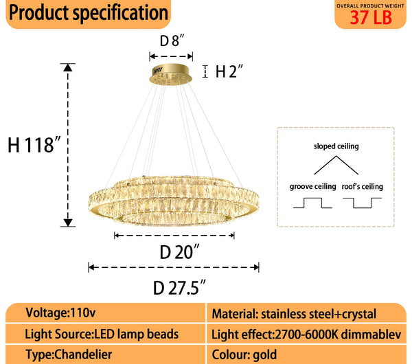 Modern LED Crystal Ring Chandelier — Dimmable, 2-Ring, 3000–6000K