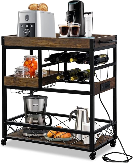 Rolling Kitchen Bar Cart with Wine Rack & Removable Trays