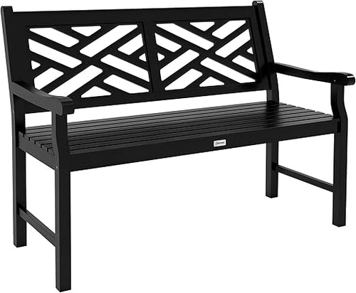 Outdoor Wood Patio Bench – 2-Person Slatted Poplar Seat with Armrests