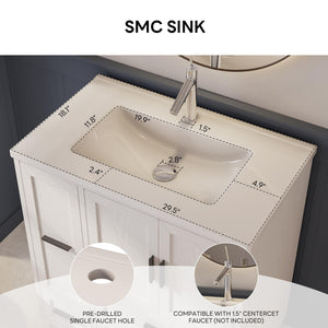 29.5" Bathroom Vanity with Sink, Hair Tool Drawer, 4 Drawers & 2 Doors – White