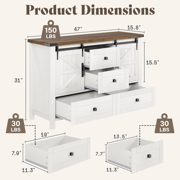 AMERLIFE 3PCS Farmhouse Bedroom Cabinet Set, Dresser Sets Include 47'' 4-Drawers, 60'' 4-Drawer and 5-Drawer Dresser, Distressed White