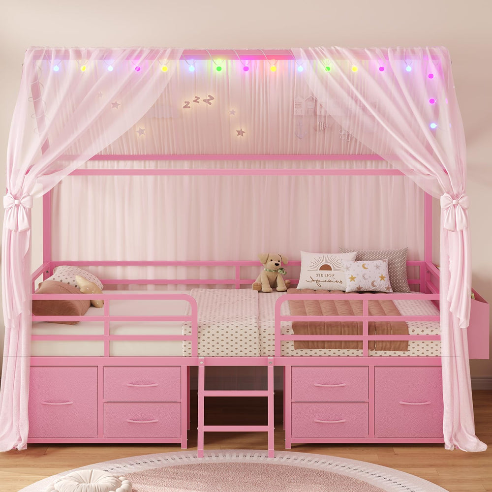 Twin House Bed Frame with Storage Drawers & LED String Lights