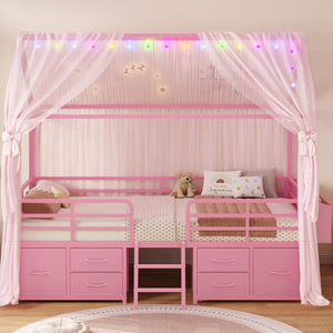 Twin House Bed Frame with Storage Drawers & LED String Lights